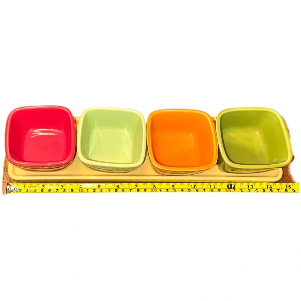 CRATE & BARREL CONDIMENT SET 4 PIECE TRAY DISH & 4 SQUARE BOWLS PICNIC COOKOUT